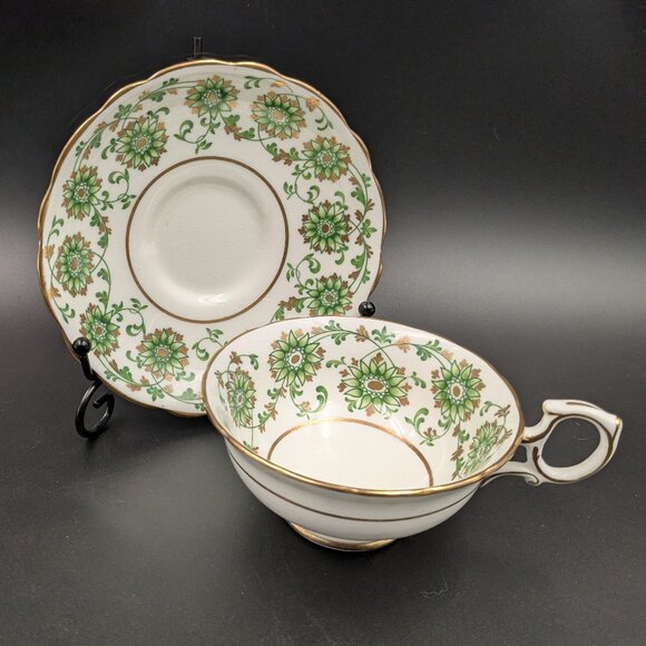 Vintage Hammersley Green Floral and Gold Bone China Tea Cup and Saucer Set - Picture 1 of 9